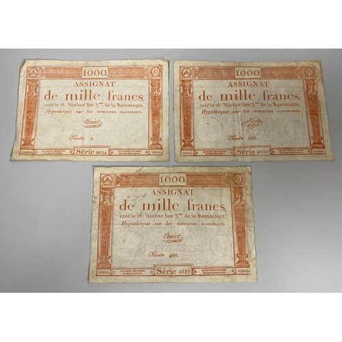 512 - French Revolutionary banknotes, Republic Francaise, three Assignat de mille francs 1000 Francs 18 Ni... 