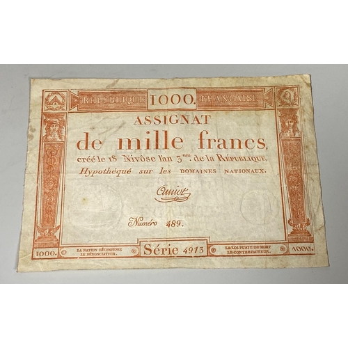 512 - French Revolutionary banknotes, Republic Francaise, three Assignat de mille francs 1000 Francs 18 Ni... 