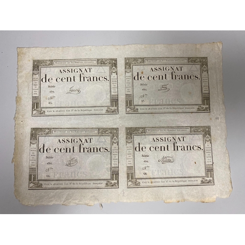 513 - French Revolutionary banknotes, Republic Francaise, five uncut sheets of four Assignat de cent franc... 