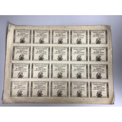 514 - French Revolutionary banknotes, Republic Francaise, an uncut sheet of 20 domaines nationaux Assignat... 