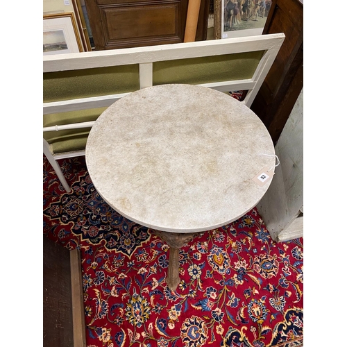 52 - A Victorian style circular cast iron pub table with reconstituted marble top, diameter 60cm, height ... 