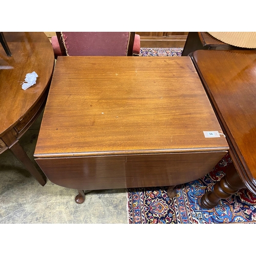 56 - A 1920's mahogany drop flap dining table, width 83cm, depth 69cm, height 75cm