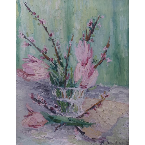 602 - § § Basil Jonzen (1913-1967) Still life of Magnolia blossom in a glass vaseoil on canvassigned and d... 