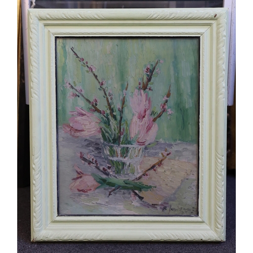 602 - § § Basil Jonzen (1913-1967) Still life of Magnolia blossom in a glass vaseoil on canvassigned and d... 