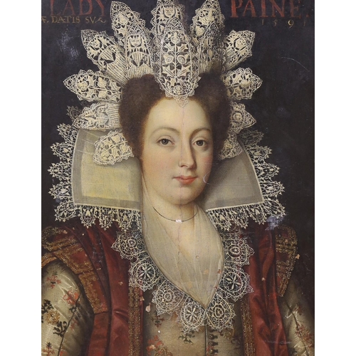 607 - Early 19th century English School, oil on wooden panel, Portrait of 'Lady Paine, AE Datis Sua 1591',... 