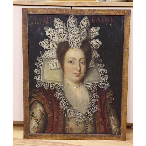 607 - Early 19th century English School, oil on wooden panel, Portrait of 'Lady Paine, AE Datis Sua 1591',... 