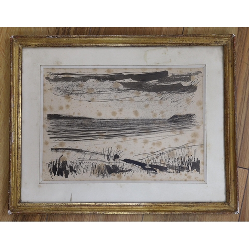 608 - Jean Pierre Renoir (1894-1979), ink and wash on paper, North African coastal landscape, signed and i... 