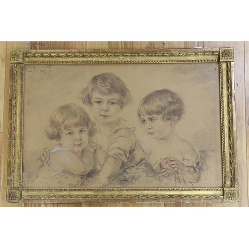 610 - Rosina Mantovani Gutti (Italian, 1851-1943), conte crayon, Portrait of three children, signed and da... 