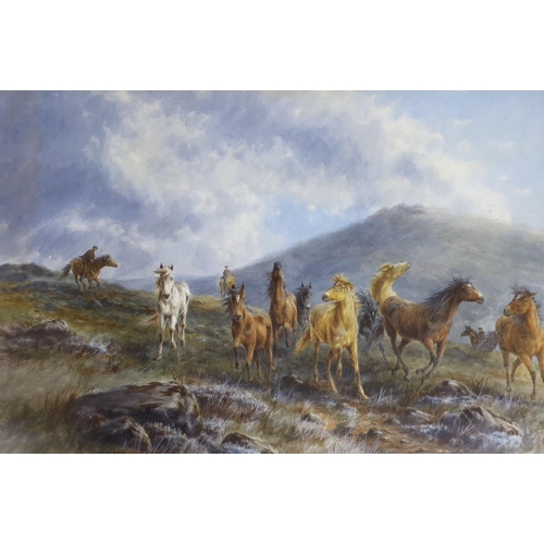 615 - C.J. Passmore [Tom Rowden] (1842-1926), watercolour, Riders herding wild ponies on the moors, signed... 