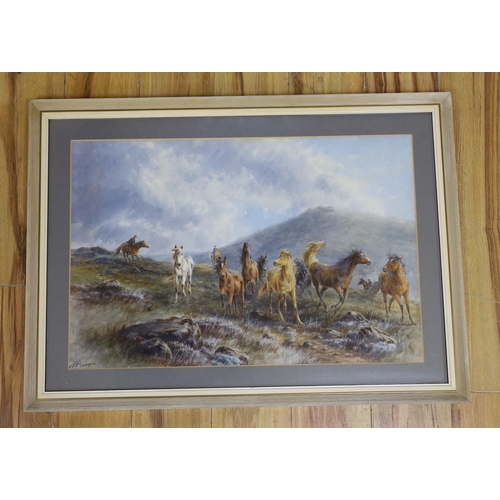 615 - C.J. Passmore [Tom Rowden] (1842-1926), watercolour, Riders herding wild ponies on the moors, signed... 