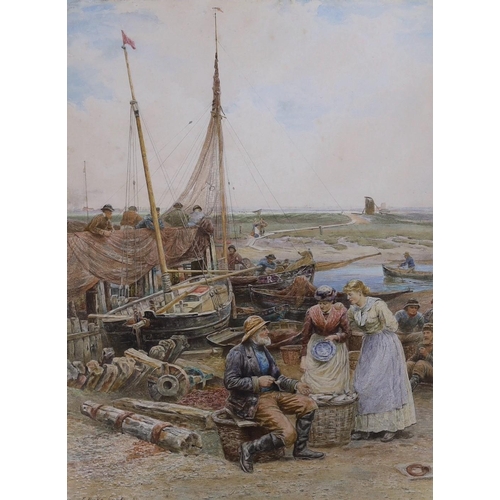 620 - Ebenezer Wake Cooke (1843-1926), watercolour, Selling the day's catch', signed and dated 1884, Agnew... 