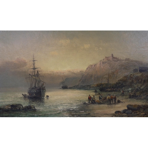 627 - Charles Anslow Thornley (fl.1859-1885), oil on canvas, Fisherfolk along the coast, signed, 24 x 39cm... 