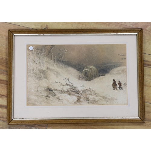 650 - 19th century English School, watercolour, Travellers in a winter landscape, 20 x 32cm