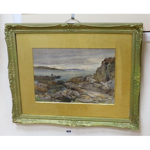 660 - F. Davies, watercolour, Coastal landscape with fishing boat, signed, 26 x 38cm