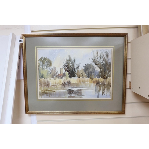 662 - Doreen Allen [Mrs Ronald Crampton] (1916-2000), watercolour, 'Fishing Lake, Fakenham', signed, 32 x ... 