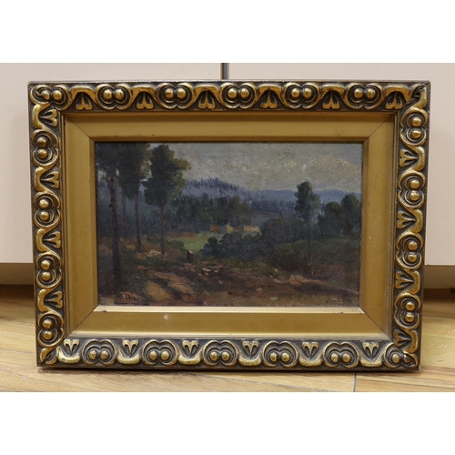 663 - M.S. Checi, oil on wooden panel, Wooded landscape, signed, 15 x 23cm