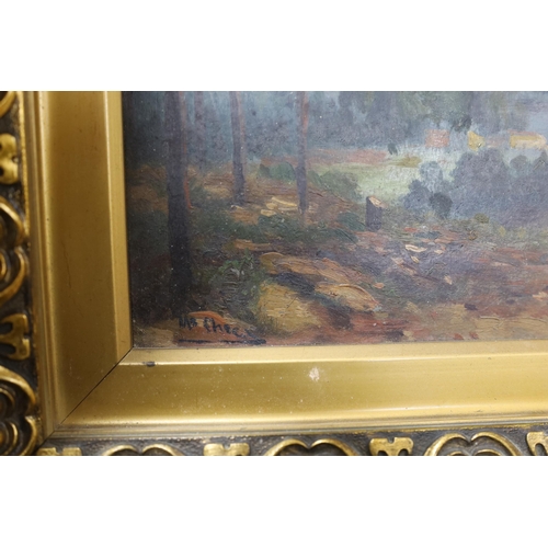 663 - M.S. Checi, oil on wooden panel, Wooded landscape, signed, 15 x 23cm