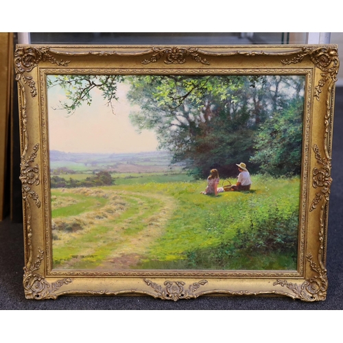 669 - § § Antony Sheath (b.1946) 'Picnic on the hill'oil on canvassigned39 x 49cm... 