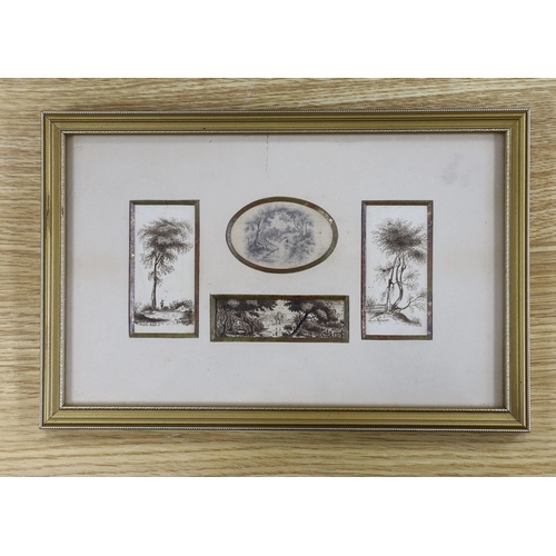 671 - Catherine Spooner c.1850, pen and ink, Landscape vignettes, signed, largest 7 x 3.5cm, framed as one... 