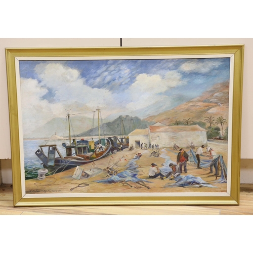 672 - G.M. Southey-Hossbach, oil on board, 'Fishermen at their nets, Denia, Costa Blanca', signed, 49 x 74... 