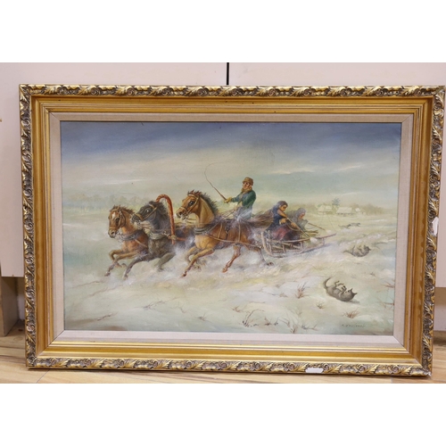 679 - M. Wasilewski, oil on canvas, Troika pursued by wolves, signed, 44 x 70cm