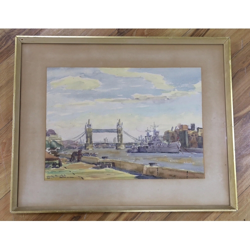 683 - Charles Brooker (1924-2001), watercolour, Tower Bridge with HMS Belfast, signed, 34 x 48cm