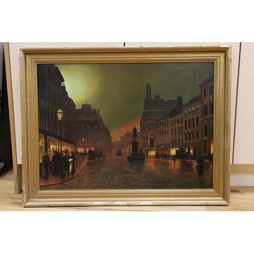 685 - After Atkinson Grimshaw, oil on board, Street scene at night, bears signature, 55 x 76cm