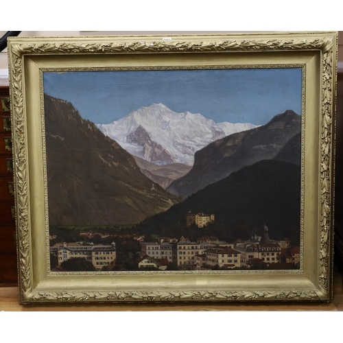 687 - George Hornemann, oil on canvas, Alpine town with mountains beyond, signed and dated 1909, 75 x 95cm... 