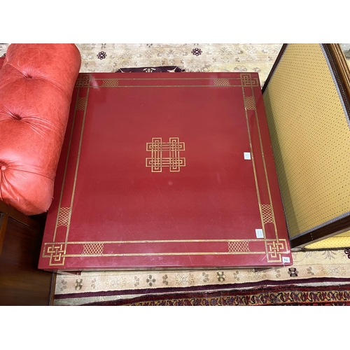 74 - A Chinese style red lacquer square coffee table, 110cm, height 40cm