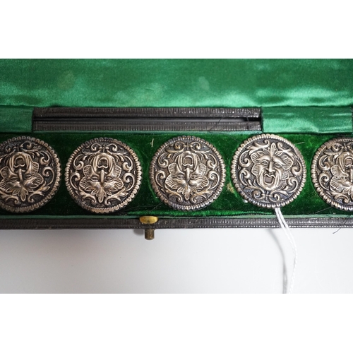 803 - A cased set of six Edwardian silver buttons, each embossed with a mask, Henry Matthews, Birmingham, ... 