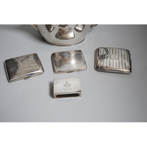 811 - A George V silver oval teapot, Birmingham, 1913,  three silver cigarette cases and a silver matchbox... 