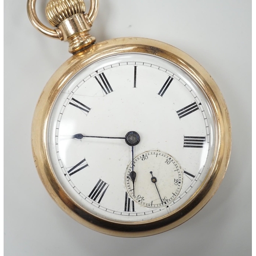 879 - An American gold plated Rockford Watch Co. keyless open faced pocket watch, with Roman dial and subs... 