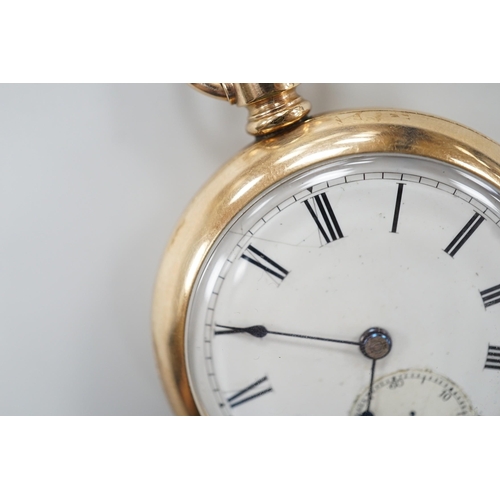 879 - An American gold plated Rockford Watch Co. keyless open faced pocket watch, with Roman dial and subs... 