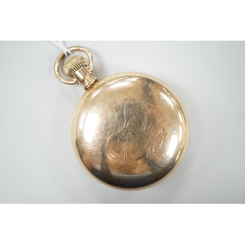 879 - An American gold plated Rockford Watch Co. keyless open faced pocket watch, with Roman dial and subs... 