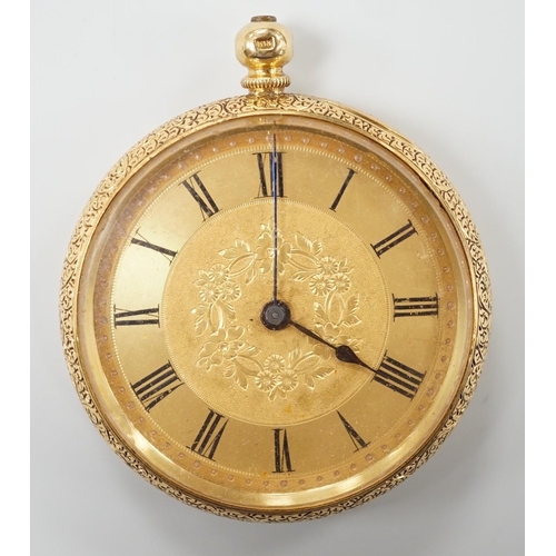 881 - A continental 18k yellow metal open faced fob watch, with Roman dial and key, 40mm, gross weight 41.... 