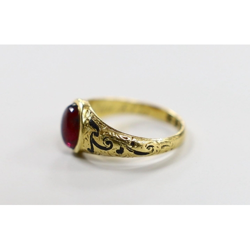 886 - A Victorian 18ct gold, cabochon garnet and black enamel set memorial ring, the shank interior inscri... 