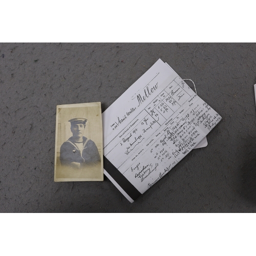 443 - A WWI naval medal group of four with portrait photo with records and one other WWI trio