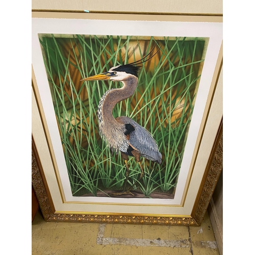 1009 - A Costin graphics coloured print of a heron, signed and numbered, width 113cm, height 148cm, includi... 