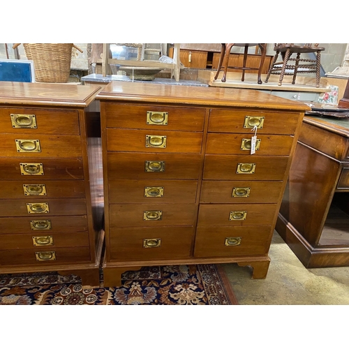 1028 - A near pair of mahogany and walnut military style chests of drawers, larger width 82cm, depth 54cm, ... 