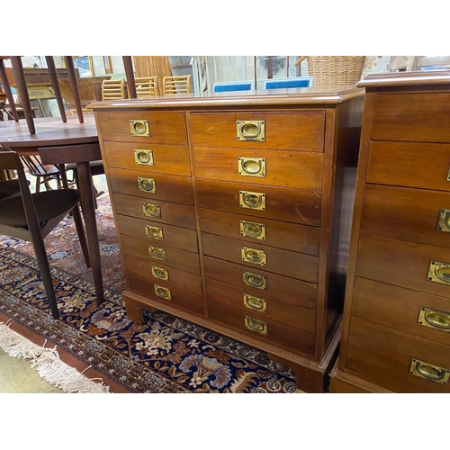 1028 - A near pair of mahogany and walnut military style chests of drawers, larger width 82cm, depth 54cm, ... 