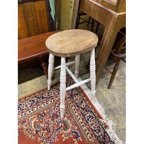 1044 - A set of six Victorian elm and beech Windsor lathe back kitchen chairs together with a circular part... 