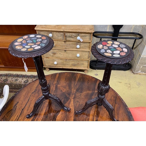 1052 - A near pair of Victorian style tripod tables with circular specimen marble tops, larger diameter 30c... 