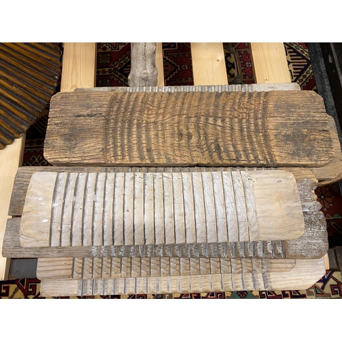 1060 - Eight Provincial wooden washboards, breadboard and a stool