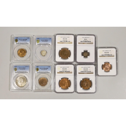 1513 - British coins, NGC and PCGS slabbed and graded - Victoria halfpenny 1862, threepence 1884, halfpenny... 