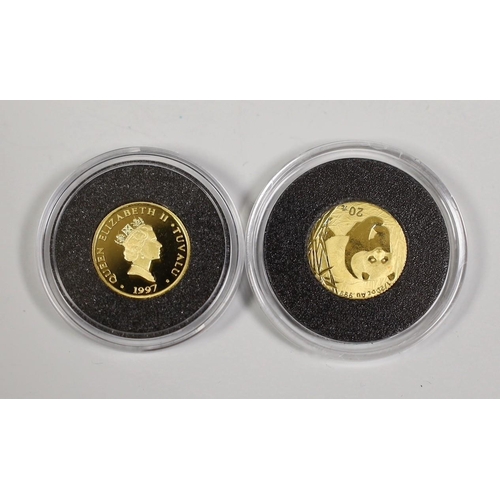 1518 - China coins - gold 20 yuan 'panda' 2001 and Tuvalu gold $20, Princess Diana 1997