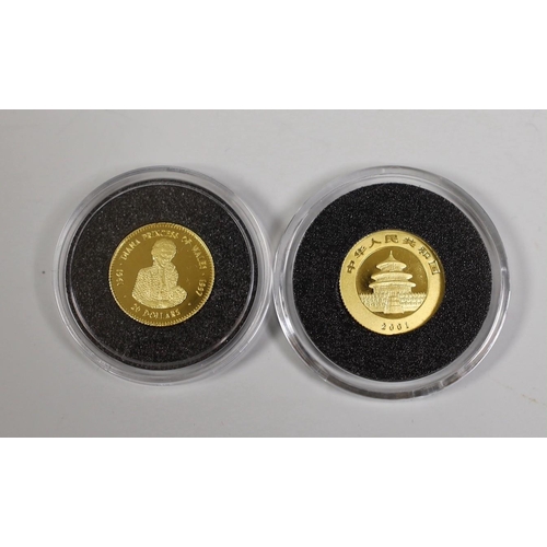 1518 - China coins - gold 20 yuan 'panda' 2001 and Tuvalu gold $20, Princess Diana 1997