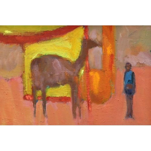 1571 - Paul Bassingthwaighte (b.1963), oil on canvas, Figure standing beside a camel, 21 x 31cm