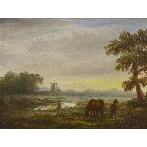 1572 - English School, oil on board, Windmill and horses in a landscape, 14 x 19cm