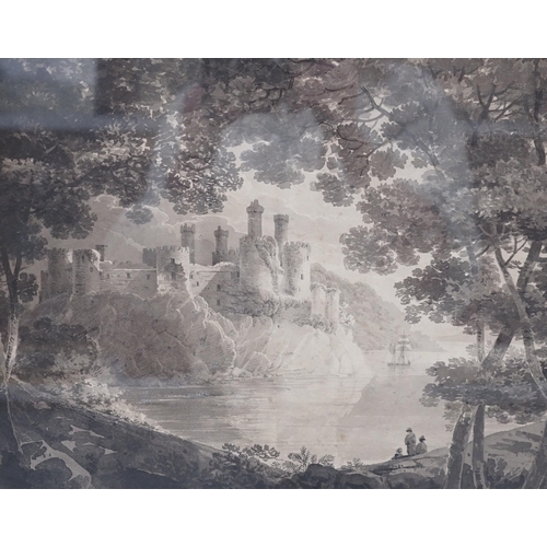 1573 - Early 19th century English School, monochrome watercolour, Coastal castle viewed from woods, 27 x 33... 