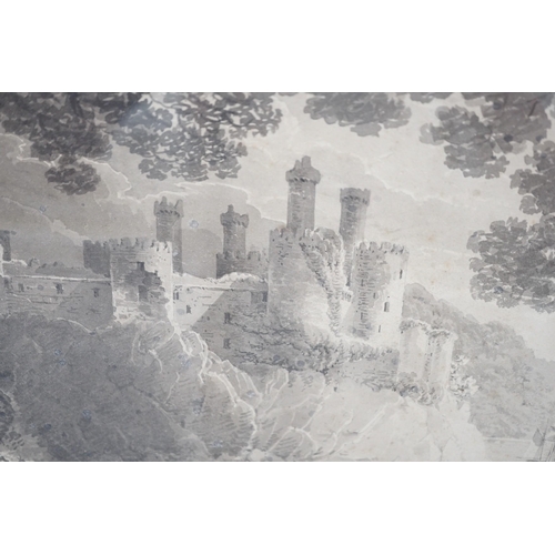 1573 - Early 19th century English School, monochrome watercolour, Coastal castle viewed from woods, 27 x 33... 